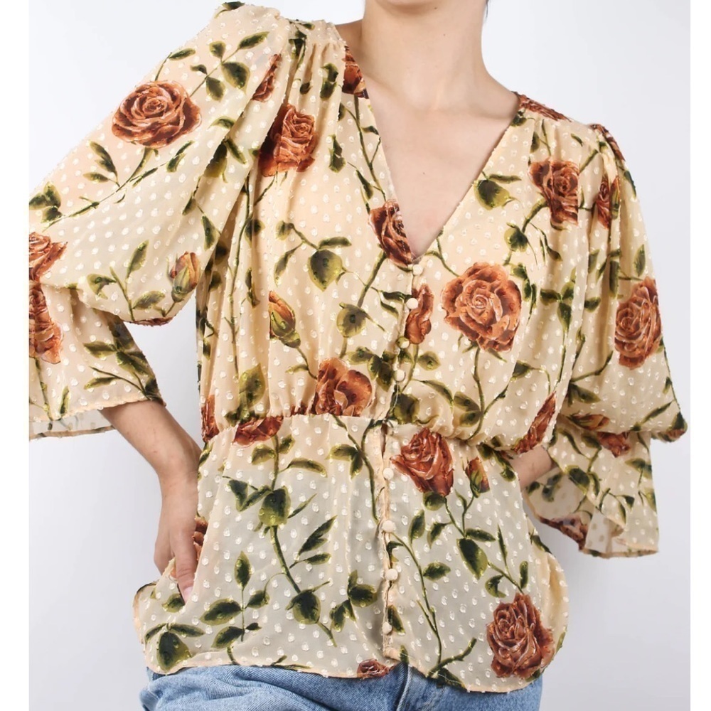 Zara Floral Sheer Tie Button Up Blouse Size XS Prairie Cottagecore Feminine